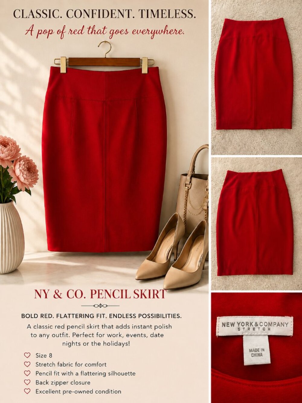 New York & Company Red Stretch Pencil Skirt Size 8 Classic Career Workwear
